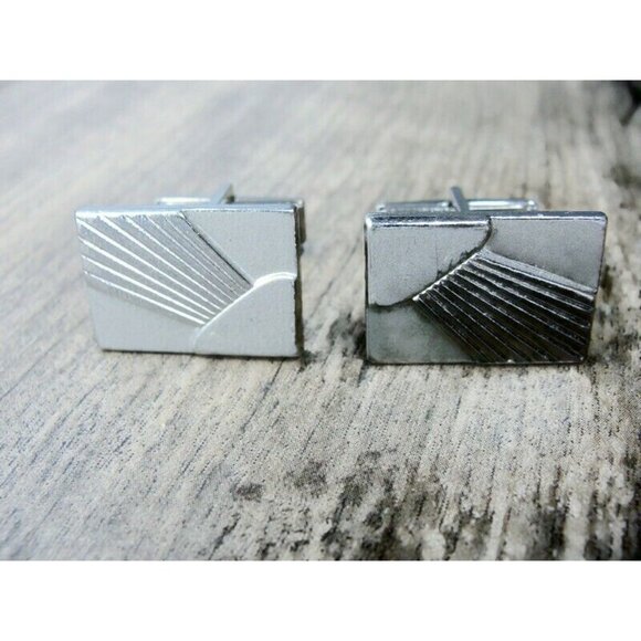 Cufflinks Rectangular Silver Tone Tux Shirt Vintage Pat No - Picture 2 of 8